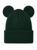Dark green knit beanie hat with two round ears on top for a playful look.