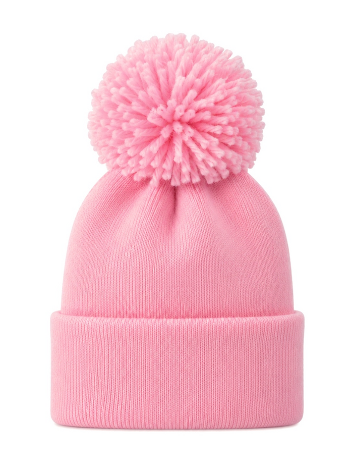 Pink knit beanie with a large pom-pom on top, perfect for winter fashion and warmth.