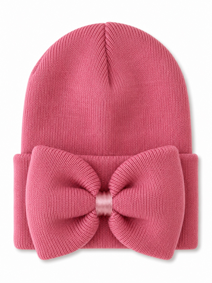Pink knit beanie with a large bow accent on the front.