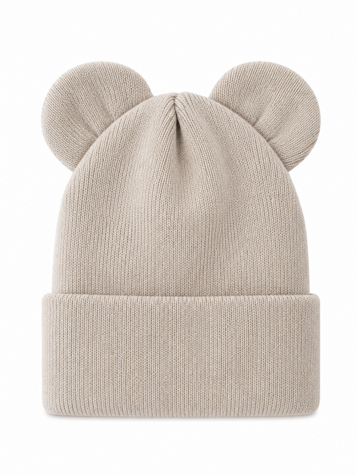 Light gray knit beanie with bear ears on top and a folded cuff.