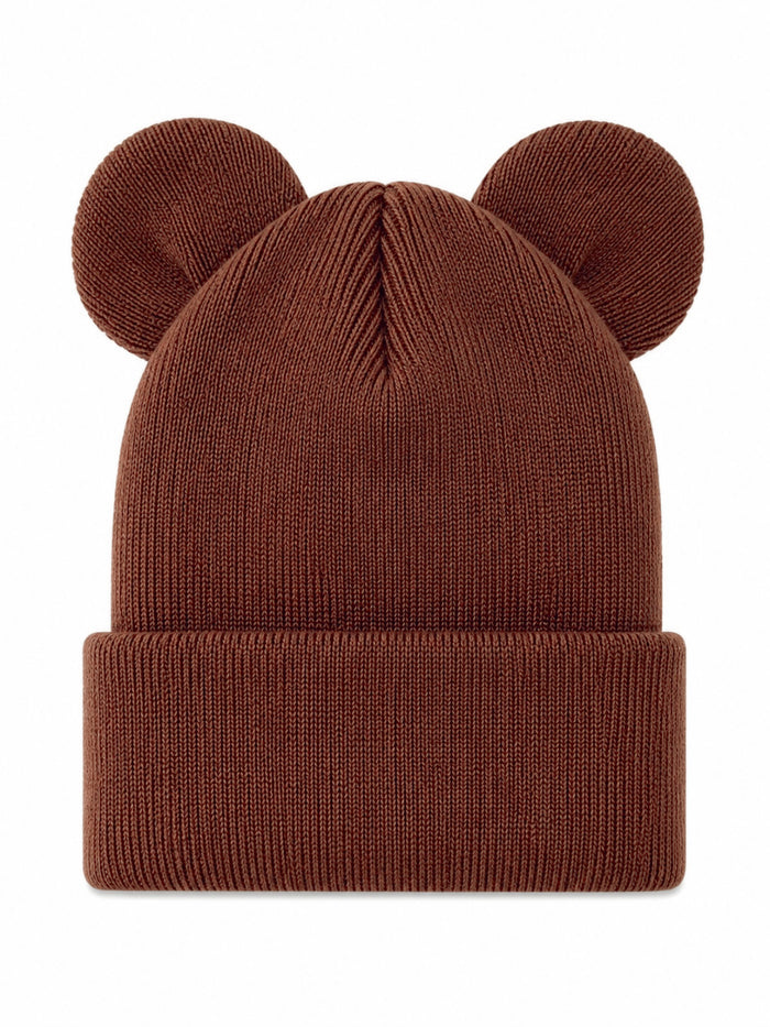 Brown knit beanie with cute ear-shaped details on top. Ideal for winter fashion and cozy style.