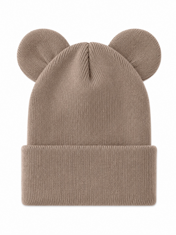 Tan knit beanie with bear ears, featuring a folded cuff design and textured fabric. Ideal for winter wear.