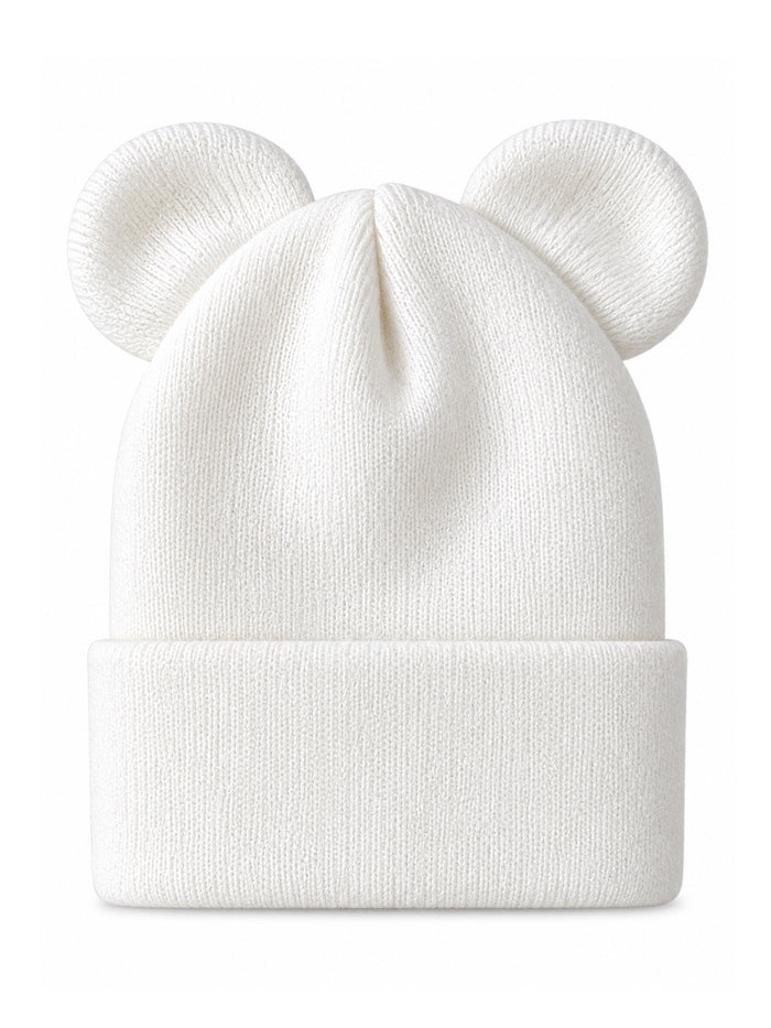 White knit beanie with two round ear-like features on top.