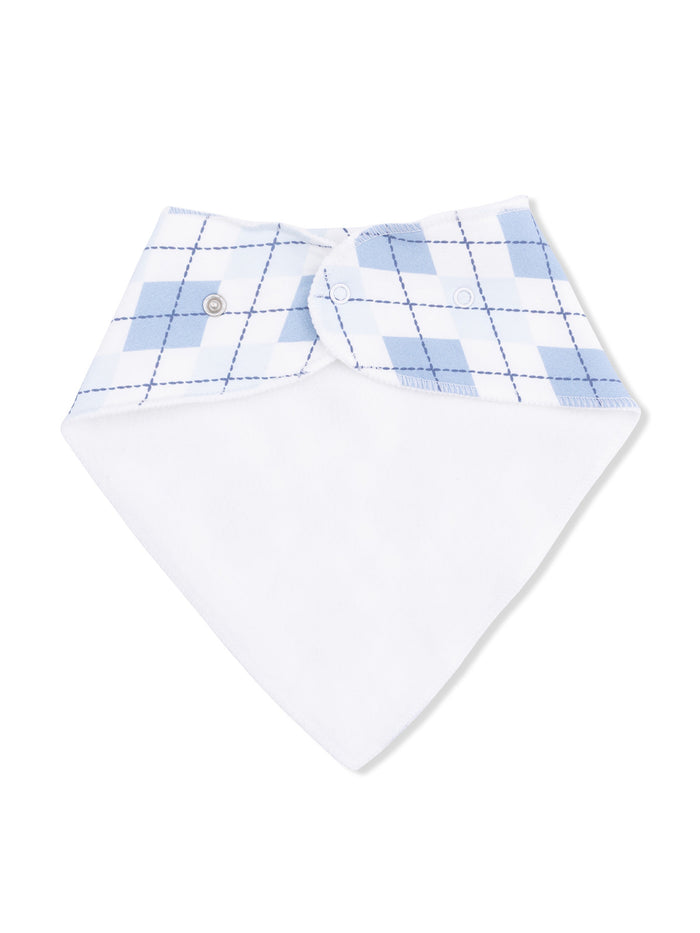White bandana bib with a light blue plaid pattern and snap closures.