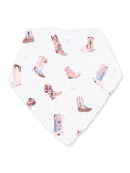 White bandana featuring a playful pattern of assorted cowboy boots in pastel colors.