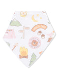 Patterned bandana features camping themes with bear, campfire, trees, and text "Wild & Free" in pastel colors.