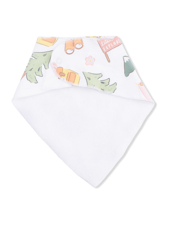 Colorful baby bandana bib featuring nature-themed illustrations on a soft white background.