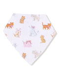 Pet-themed bandana featuring playful animals and soft pastel colors on a striped background.