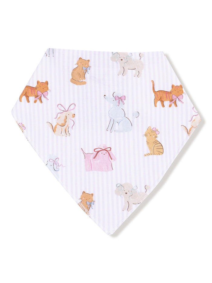 Pet-themed bandana featuring playful animals and soft pastel colors on a striped background.