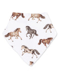 White bandana featuring playful watercolor illustrations of running horses in various colors.