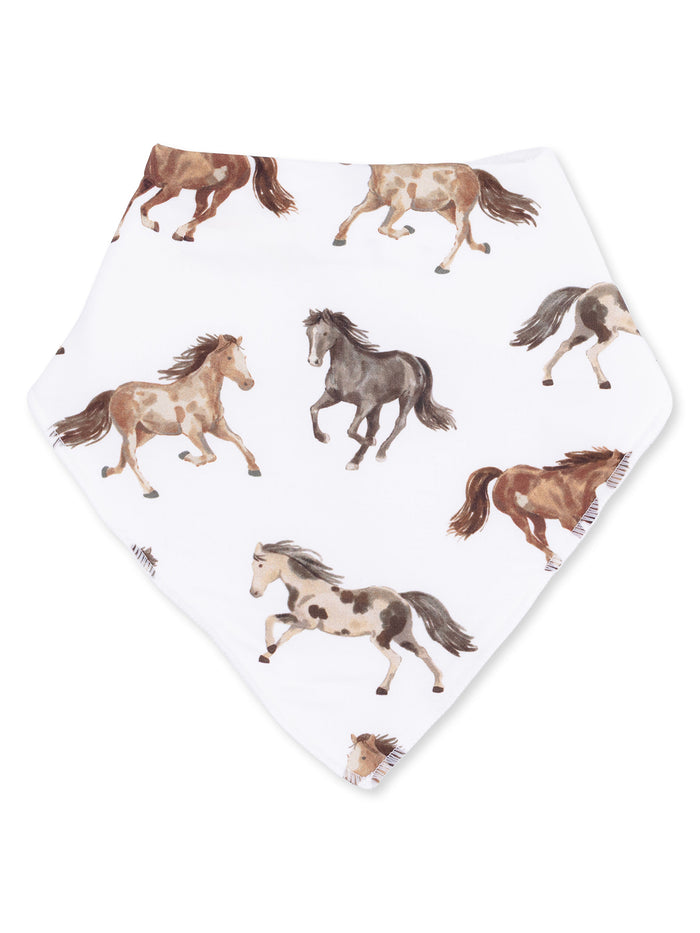 White bandana featuring playful watercolor illustrations of running horses in various colors.