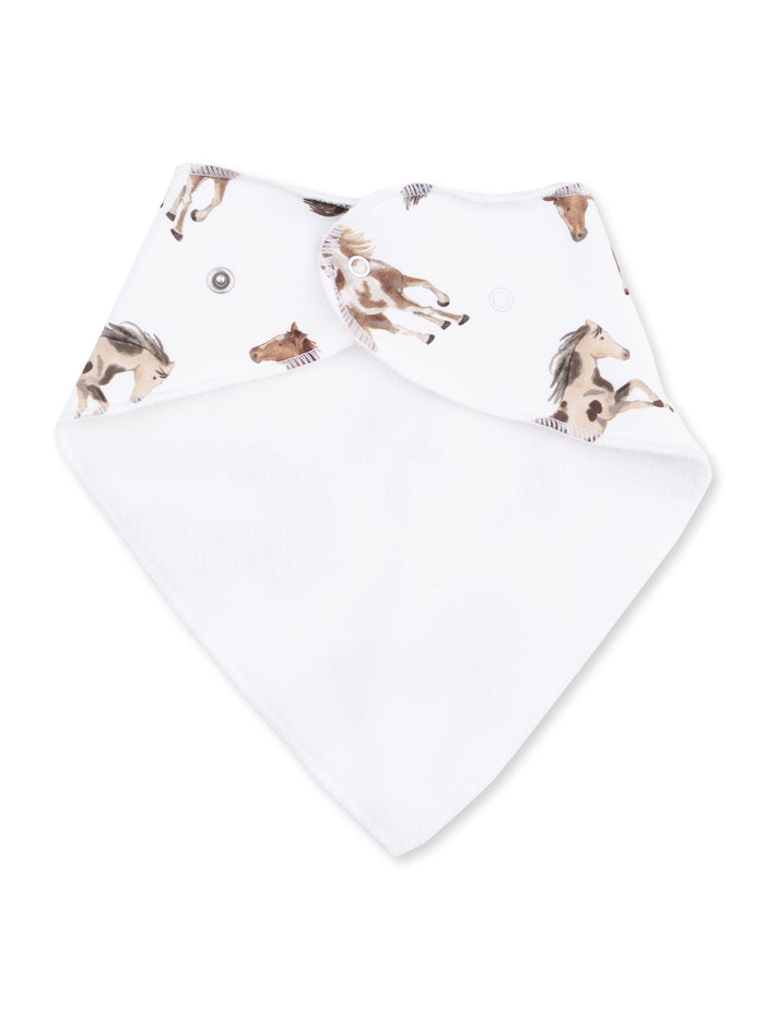 White bandana bib featuring playful horse patterns, designed for infants or toddlers.