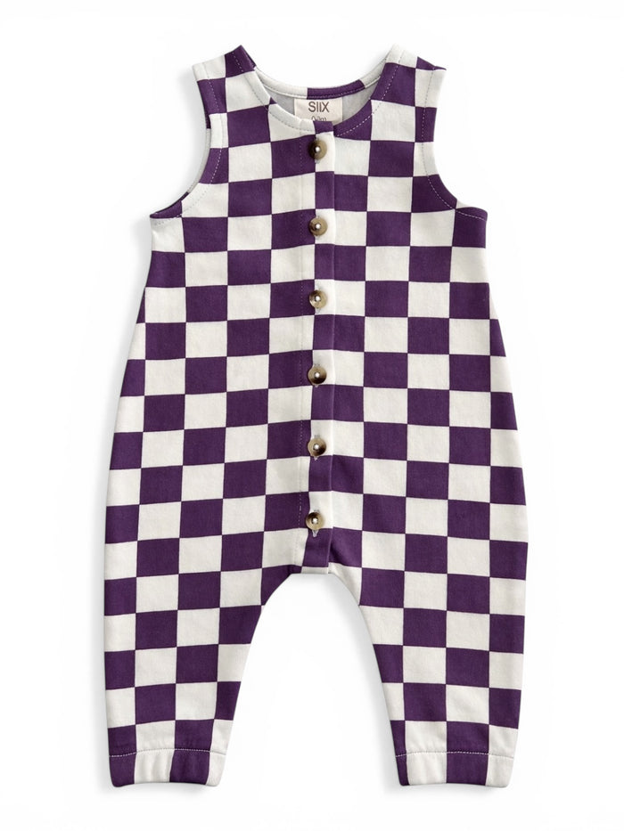 Purple and white checkered romper with buttons, designed for infants or toddlers.