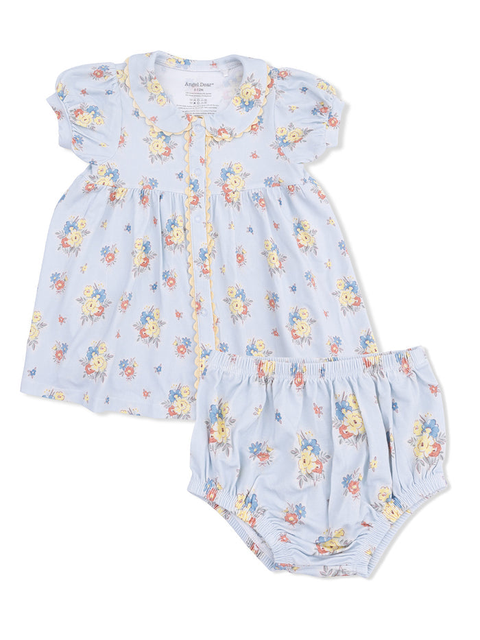Light blue toddler dress and bloomers with floral pattern and puff sleeves. Ideal for spring or summer wear.