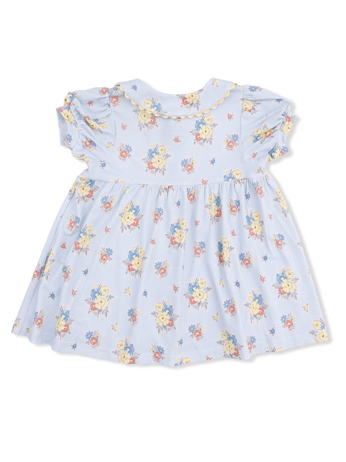 Light blue floral dress with ruffled sleeves and a collar, featuring yellow and red flower patterns.