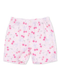 Light pink shorts with a cherry and bow pattern, designed for comfort and playfulness.