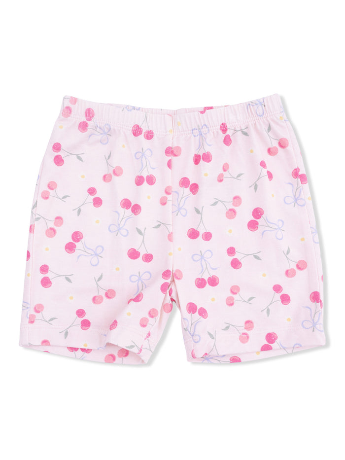 Light pink shorts with a cherry and bow pattern, designed for comfort and playfulness.