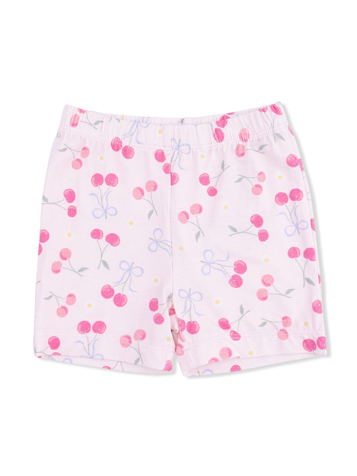 Light pink shorts with cherry and bow patterns scattered across the fabric. Ideal for casual wear or summer outfits.