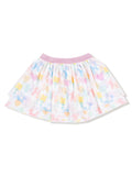 Lightweight tiered skirt with pastel floral and heart patterns, featuring a pink elastic waistband.