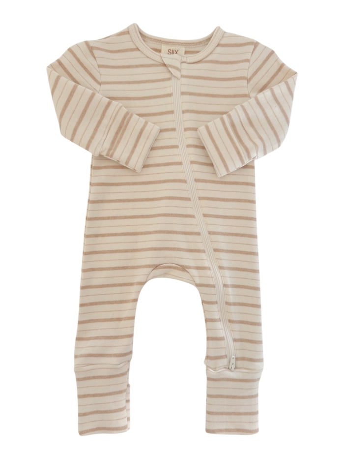 Striped baby onesie with a front zipper and long sleeves, designed for comfort and ease of wear.