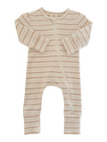 Striped baby onesie with a front zipper and long sleeves, designed for comfort and ease of wear.