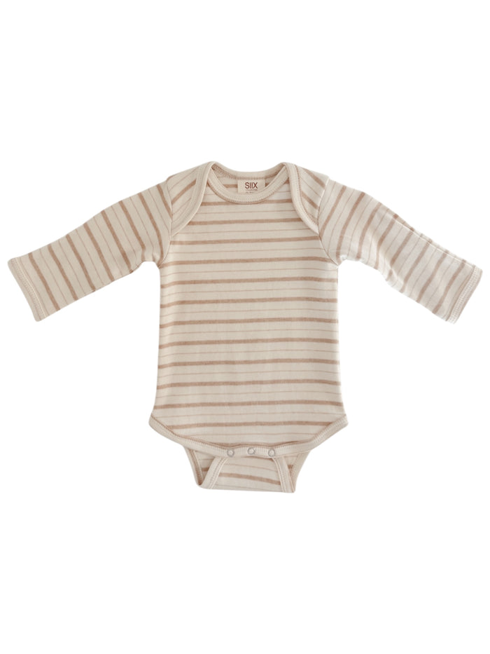 Striped long-sleeve baby bodysuit in soft beige tones, suitable for infants.