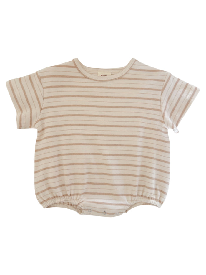 Cream and beige striped baby onesie with short sleeves and snap closure at the bottom.