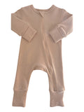 Beige zip-up onesie for infants with long sleeves and stretchy cuffs. Perfect for comfort and warmth.