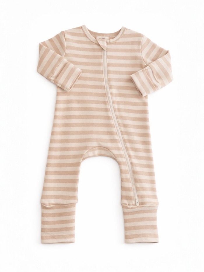 Light beige striped baby onesie with long sleeves and zippered front closure. Perfect for comfort and warmth.