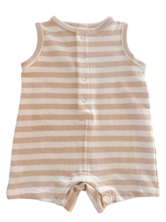 Beige and white striped baby romper with snap buttons, featuring sleeveless design and simple styling.