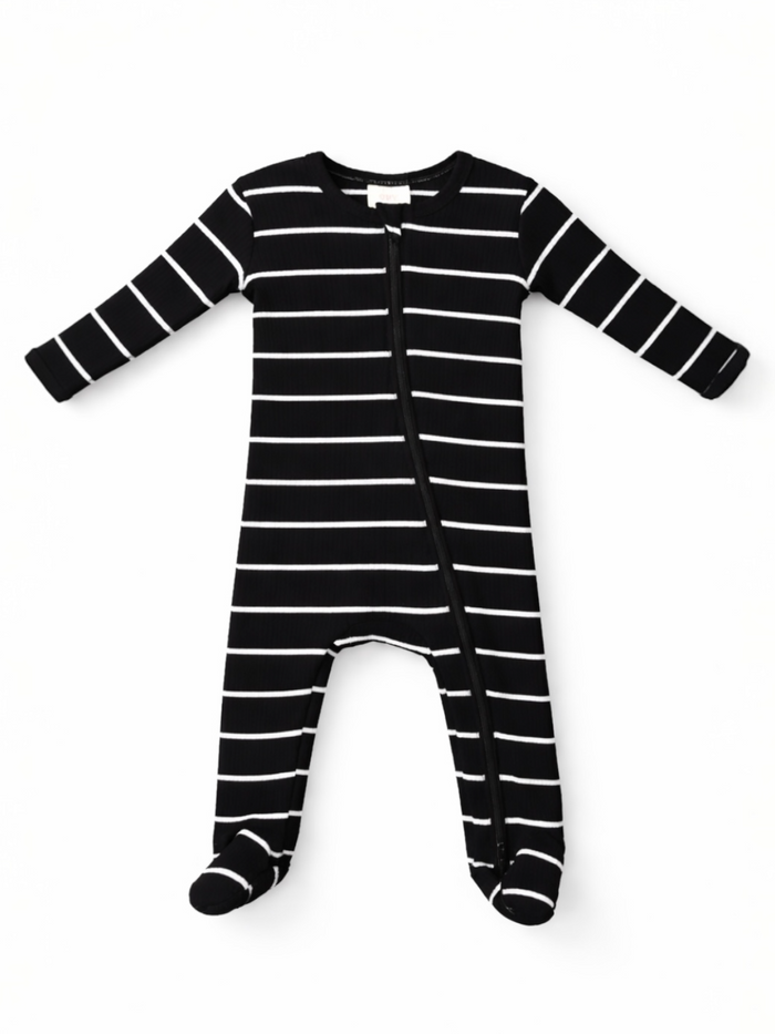 Black and white striped infant onesie with long sleeves and zipper.