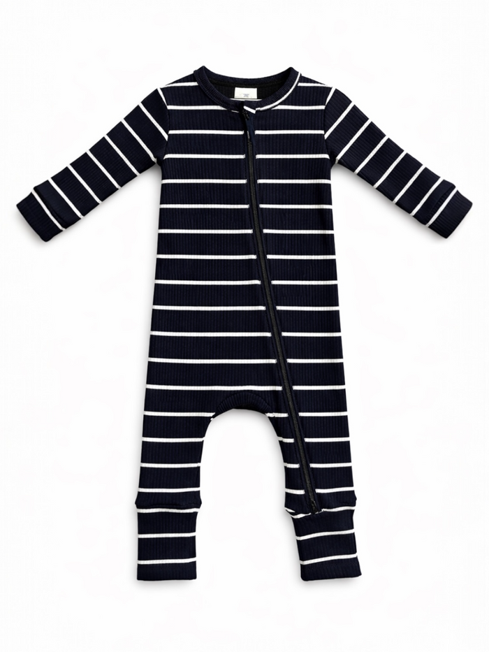 Navy and white striped infant onesie with long sleeves and a front zipper. Suitable for baby sleepwear.