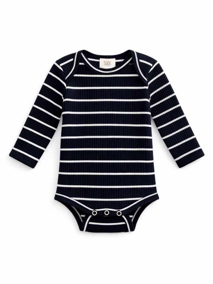 Navy striped long-sleeve baby bodysuit with snap closures at the bottom.