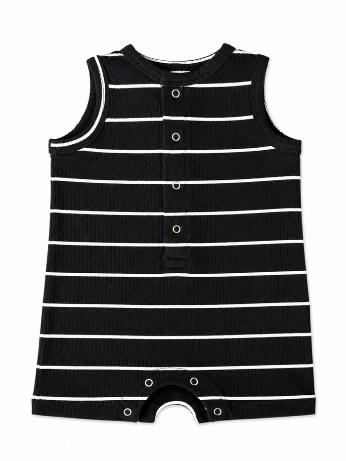Black and white striped sleeveless onesie with buttons and snap closure at the bottom.