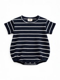 Navy blue short-sleeve onesie with white horizontal stripes and snap closure at the bottom.
