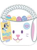 Illustration of a bunny-shaped basket filled with colorful Easter eggs and a tag for "Bluey: Where's the Easter Egg?" book.