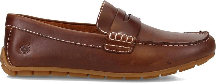 Brown leather loafer shoe on a white background