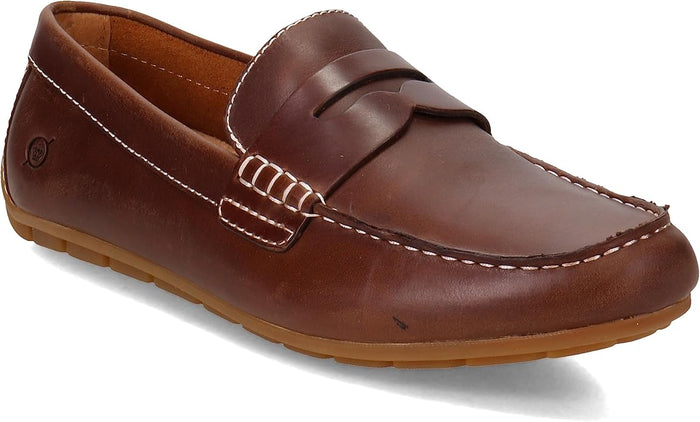 Brown leather loafer shoe on a white background