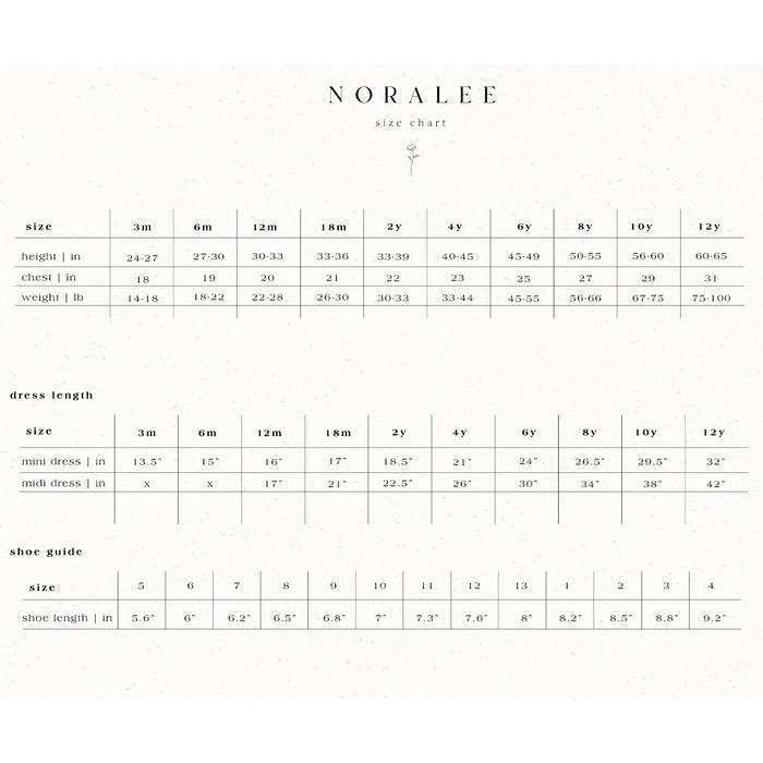 Size chart for Noralee, including height, chest, weight, dress length, and shoe size for children aged 3 months to 12 years.
