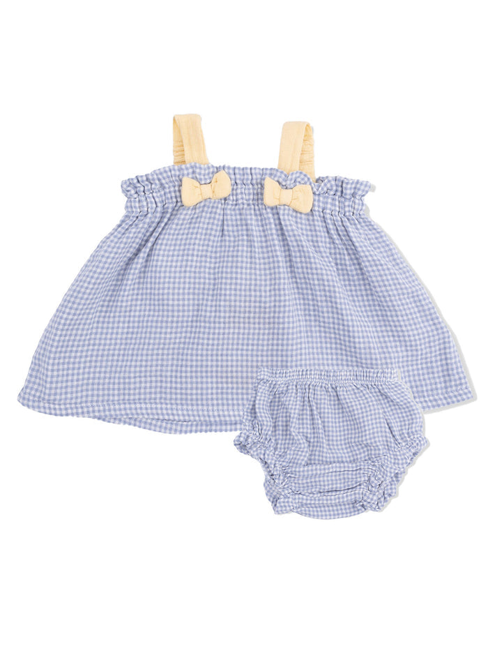 Blue gingham dress with yellow bows and matching bloomers for toddlers.