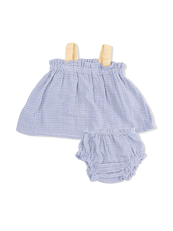 Blue gingham dress set with matching bloomers. Dress features elastic straps and gathered waist.