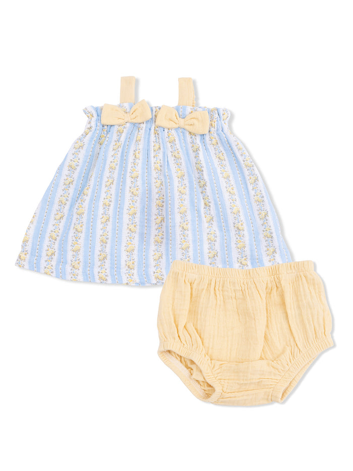 Light blue floral dress with two bows and yellow bloomers, perfect for a baby girl.