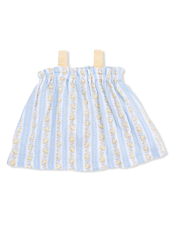 Blue striped dress with yellow floral pattern and straps, suitable for toddlers.