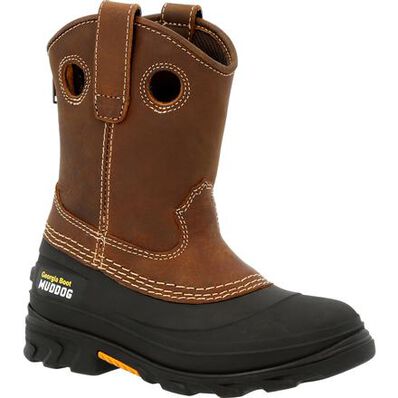 Brown work boot with black sole on a white background