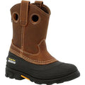 Brown work boot with black sole on a white background