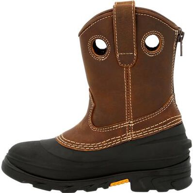 Brown work boot with black sole on a white background