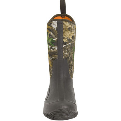 Camouflage-patterned boot with Muck logo on a white background