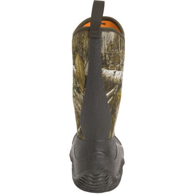 Camouflage-patterned boot with Muck logo on a white background
