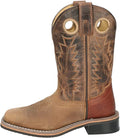 Brown cowboy boot with intricate stitching on a white background