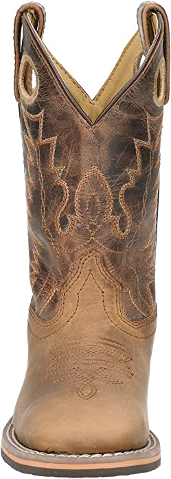 Brown cowboy boot with intricate stitching on a white background